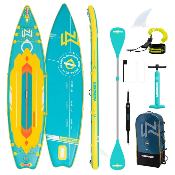 NAWAKAR 11'x34" iSUP w/ Full Accs, 160kg+ Cap, Family/Pets Stable, All Water, Lightweight DropStitch, Double PVC, 3D Emb EVA, UV/HP/Scratch Res.