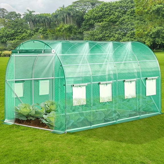 NAWAY 10'x7'x7' Outdoor Walk-in Greenhouse - Watering System,1 Zipper Door,6 Roll-up Windows,Thickened Galvanised Steel,Green