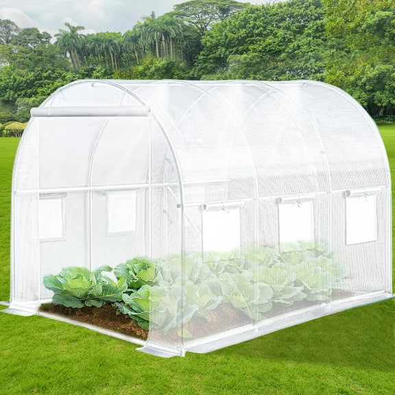 NAWAY 10'x7'x7' Outdoor Walk-in Greenhouse,Watering System,1 Zipper Door,6 Roll-up Windows,Thickened Galvanised Steel ,White