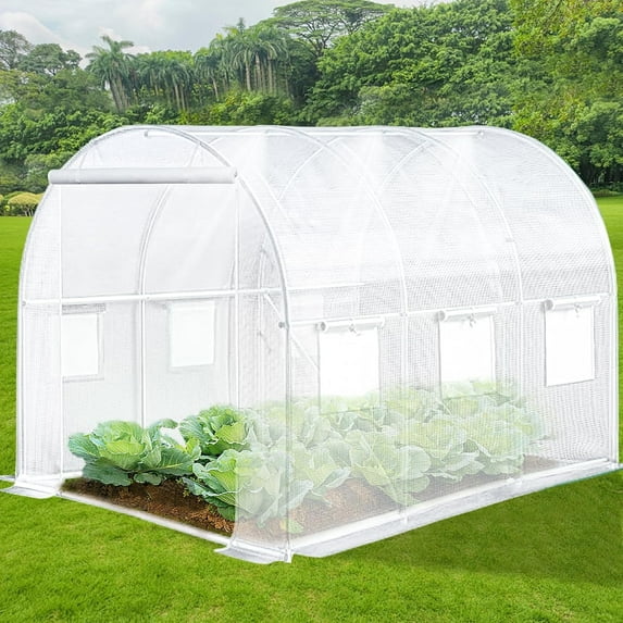 NAWAY 10'x7'x7' Outdoor Walk-in Greenhouse,Watering System,1 Zipper Door,6 Roll-up Windows,Thickened Galvanised Steel ,White