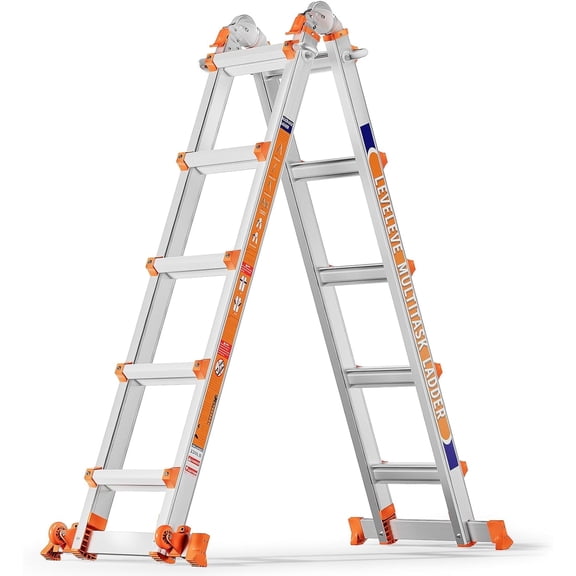 NAWAY 17FT Extension Ladders with Multi Position,A Frame 5 Step Ladder with Stabilizer Bar & Wheels,330 lbs Security Load Folding Ladder for Stairs Home Indoor Outdoor Roof