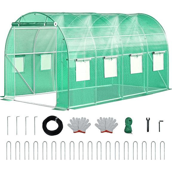 NAWAY 20'x10'x7' PE Cover Outdoor Walk-in Greenhouse, Thickened Galvanised Steel Frame, Watering System, 1 Zipper Door, 6 Roll-up Windows, Green