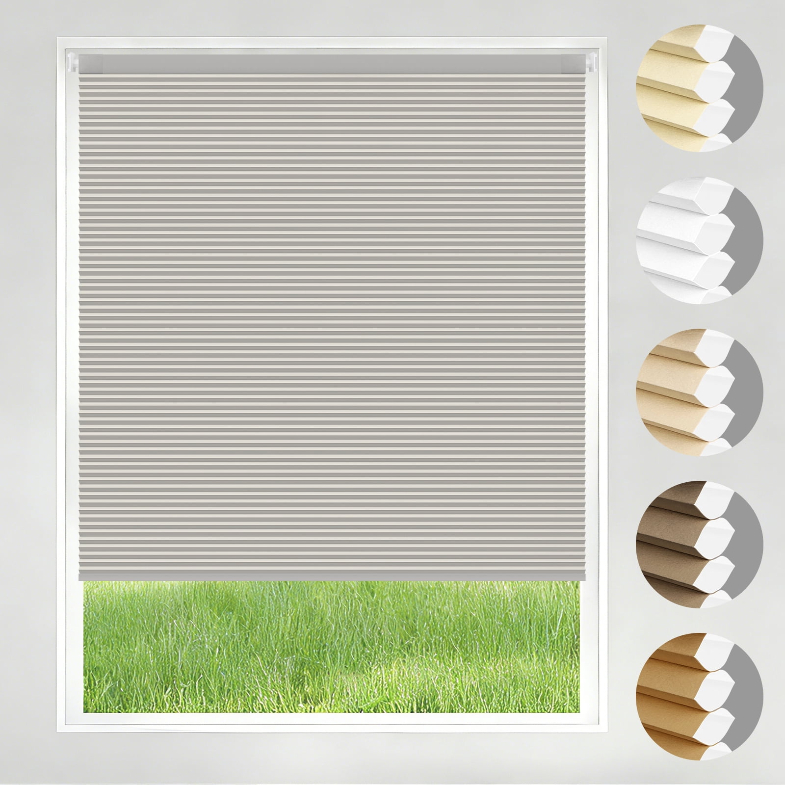 NAWAY No Drill No Tools 34"x48" Cellular Shades for Indoor Windows, Thermal Insulating & Noise Reducing Honeycomb Blinds, Cordless Free Stop Blinds Light Filtering, Gray