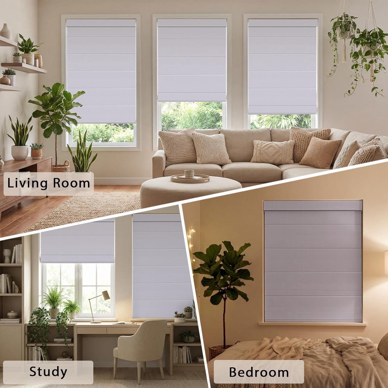 NAWAY No Drill Cordless Roman Shades, 27" W x 64" H Blackout Window Blinds, UV Protection Privacy Shades for Bedroom Living Room Office, White