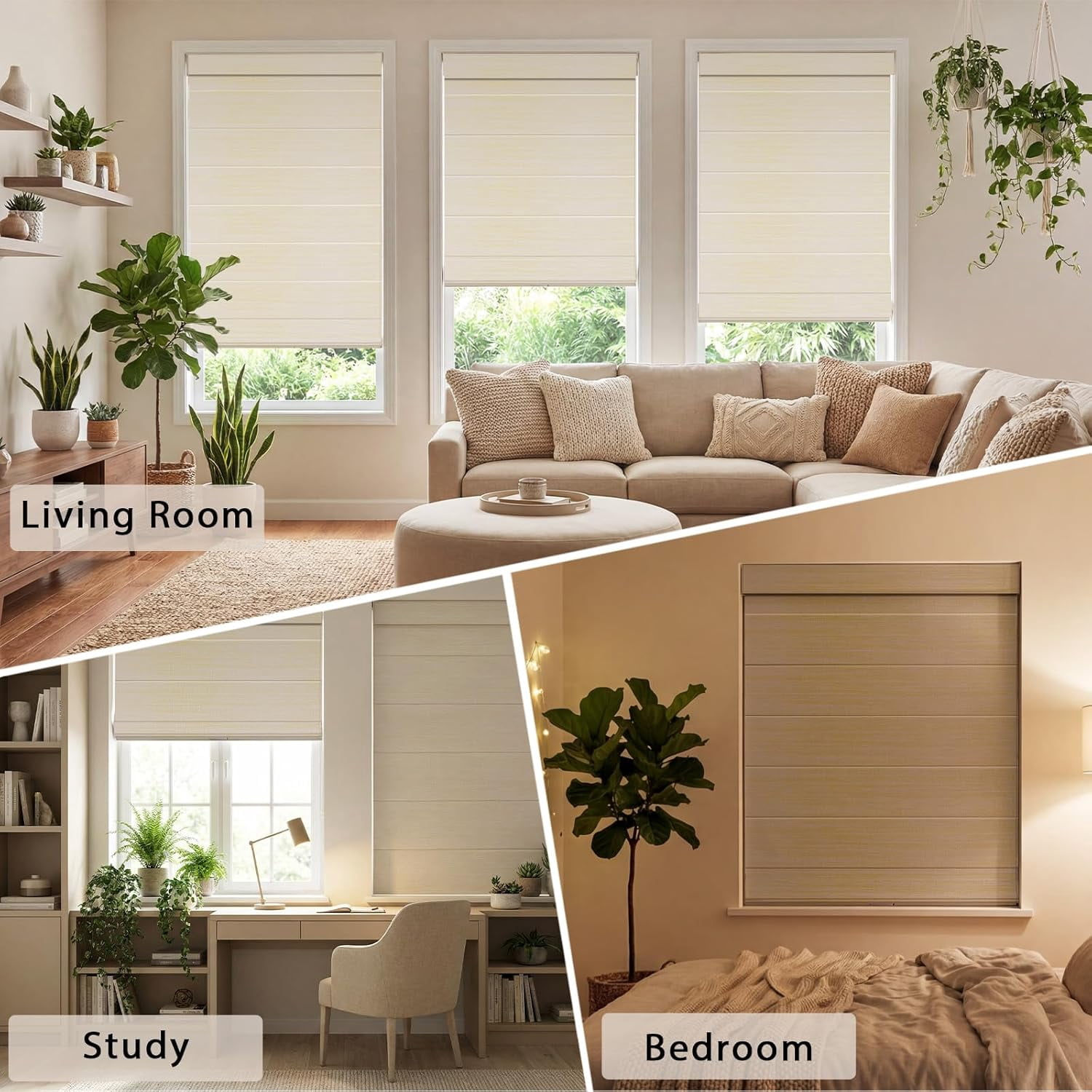 NAWAY No Drill Cordless Roman Shades, 34" W x 64" H Blackout Window Blinds, UV Protection Privacy Shades for Bedroom Living Room Office, Beige