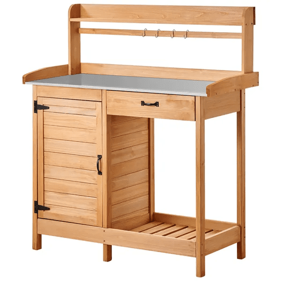NAWAY Outdoor Garden Potting Bench Table Work Bench Metal Tabletop W/Cabinet Drawer Open Shelf Natural Wood