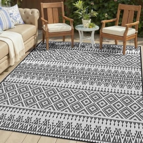 NAWAY Waterproof Outdoor Rug 9x12 ft, Reversible Plastic Patio Rug, UV Resistant Straw Camping Mat with Carry Bag for RV Beach Deck Backyard, Black & White