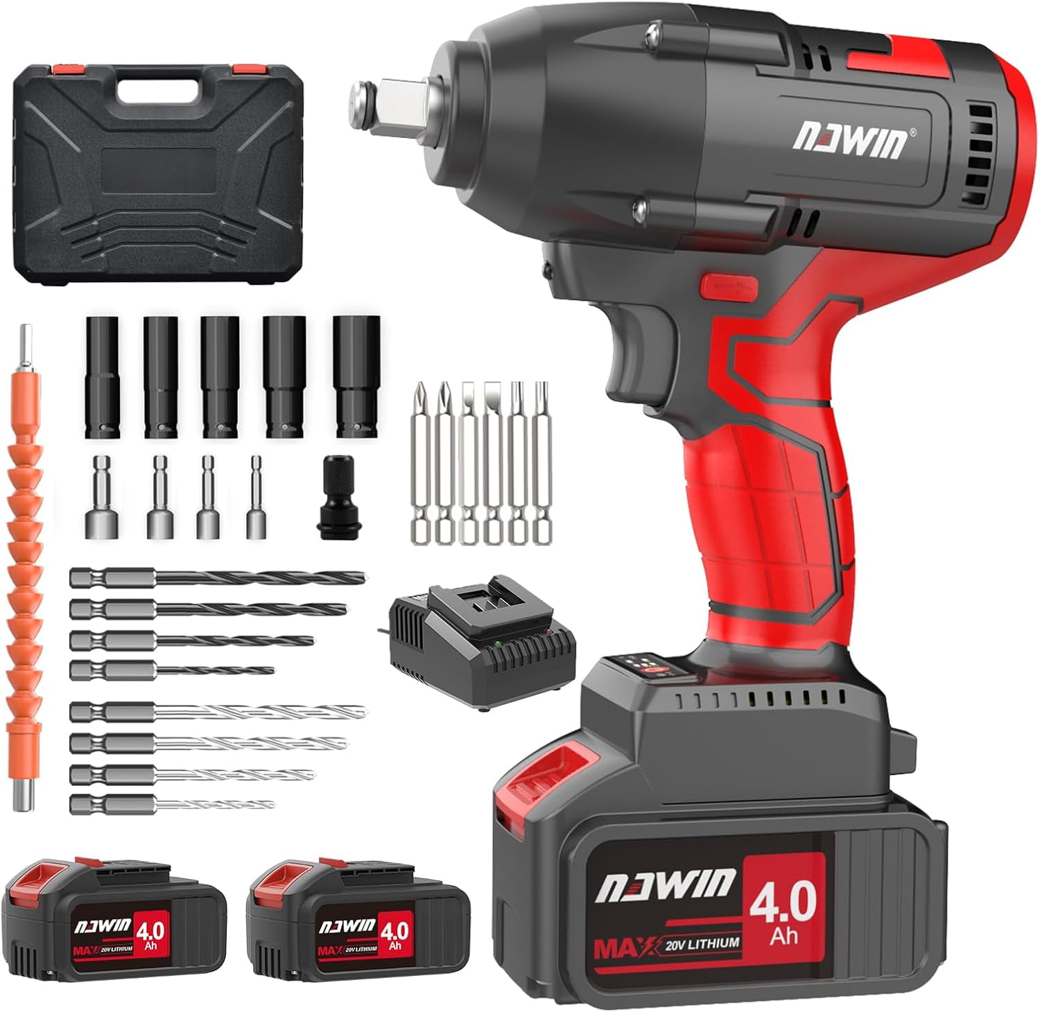 NAWIN Cordless Impact Wrench, 1/2 Impact Gun,450 ft-lbs (600N.m),Brushless Motor, Impact Wrench with 2×4.0Ah Battery,Power Impact Wrench with Sockets Kit, Fast Charger