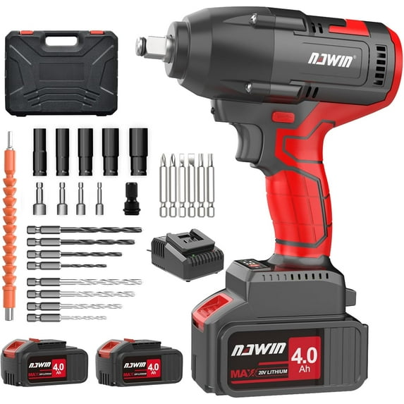 NAWIN Cordless Impact Wrench, 1/2 Impact Gun,450 ft-lbs (600N.m),Brushless Motor, Impact Wrench with 2×4.0Ah Battery,Power Impact Wrench with Sockets Kit, Fast Charger