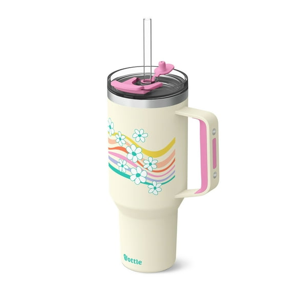 Ottle 40 Oz Insulated Tumbler with Handle & Straw Lid, Leakproof & BPA-Free Travel Mug - Wavy Daisies