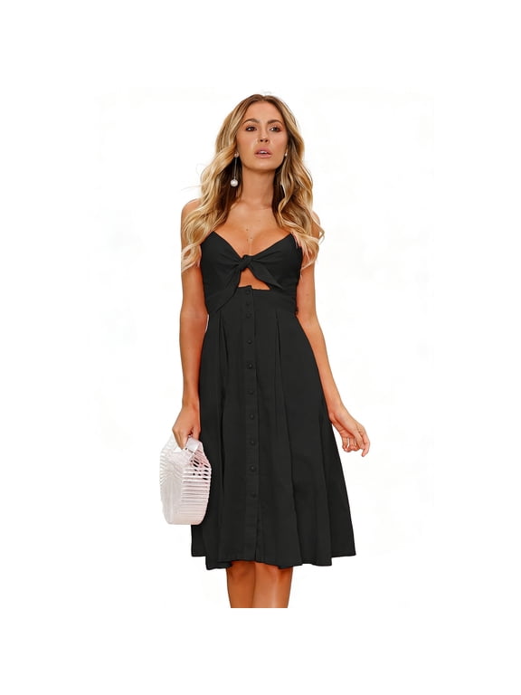 Women 2026 Summer Dresses Tie Front V-Neck Spaghetti Strap Button Down A-Line Backless Swing Midi Dress