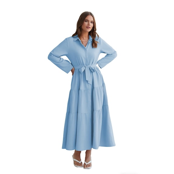 NAYAOTO Women's Maxi Shirt Dress - 2026 Long Sleeve Button Casual Fall A-line Work Tiered Dresses with Belt and Pockets
