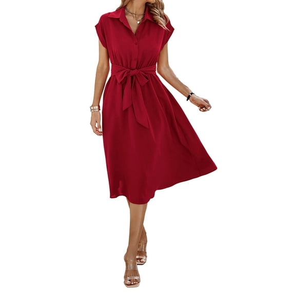 NAYTOAO Womens Casual Midi Dresses Solid V Neck Short Sleeve Button Shirt Belted Dress with Pockets for Spring Summer 2026