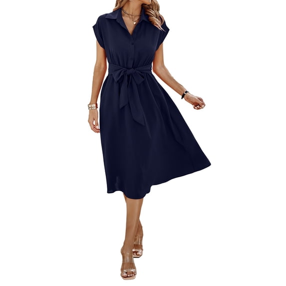 NAYAOTO Womens Casual Midi Dresses Solid V Neck Short Sleeve Button Shirt Belted Dress with Pockets for Spring Summer 2026