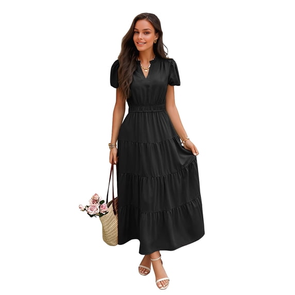 NAYTOAO Womens Midi Dress Summer Casual A Line Maxi Shirt Dresses Spring Short Sleeve Button Front V Neck Pockets Work Dress