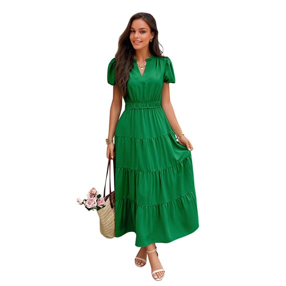 NAYTOAO Womens Midi Dress Summer Casual A Line Maxi Shirt Dresses Spring Short Sleeve Button Front V Neck Pockets Work Dress
