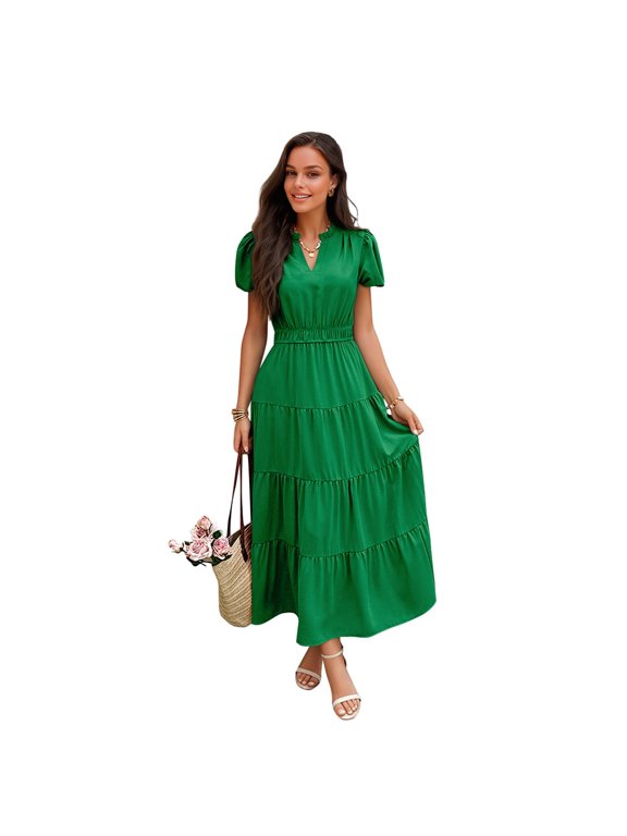 Womens Midi Dress Summer Casual A Line Maxi Shirt Dresses Spring Short Sleeve Button Front V Neck Pockets Work Dress