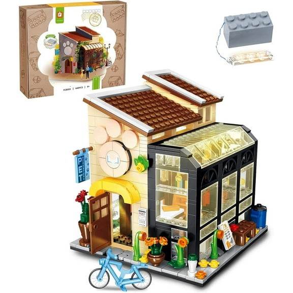 NAYIHOOP Cat Bookshop Flower House Building Sets Cafe House with LED for Girls Boys Compatible with Lego