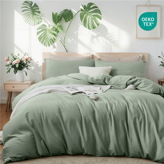 NAYOROOM 100% Organic Cotton Duvet Cover Queen Size, 3 Pieces Double Layer Cotton Gauze Bed Set Duvet Cover,Pale Green