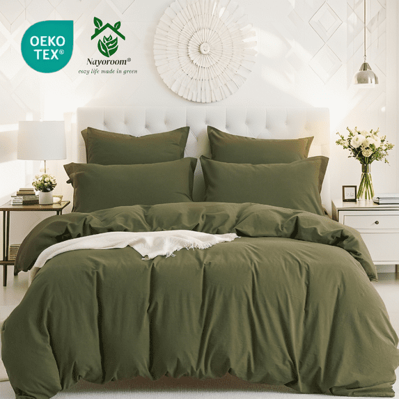 NAYOROOM 100% Organic Yarn-Dyed Cotton Duvet Cover Queen Size, 3 Pieces Linen Look Cotton Duvet Cover Set,Forest Green