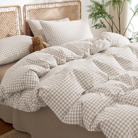 NAYOROOM 100% Cotton Gingham Duvet Cover Full Set, 3-Piece Linen Like Textured Breathable Soft Bedding Cover (Tannish Linen Beige Gingham)