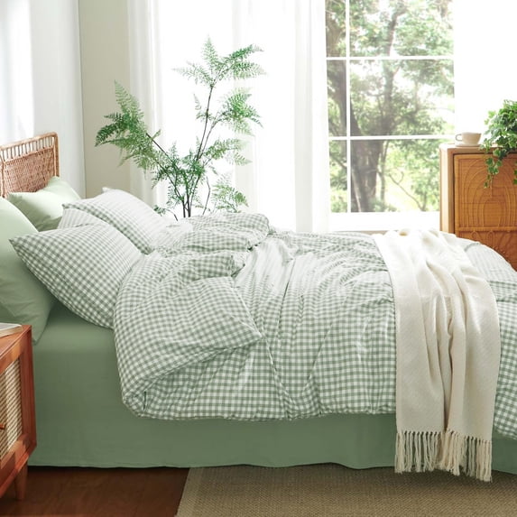 NAYOROOM 100% Cotton Gingham Duvet Cover King Set, 3-Piece Linen Like Textured Breathable Soft Bedding Cover(Sage Green Gingham)