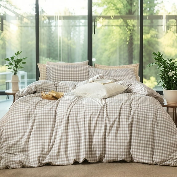 NAYOROOM 100% Organic Cotton Gingham Duvet Cover Queen Set, 3-Piece Linen Like Textured Breathable Soft Bedding Cover （Tannish Linen Beige Gingham）