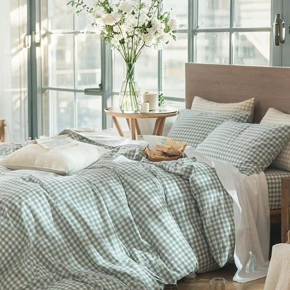 NAYOROOM 100% Organic Cotton Gingham Duvet Cover Twin Set, 2-Piece Linen Like Textured Breathable Soft Bedding Cover(Sage Green Gingham)