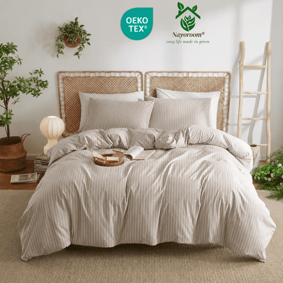 NAYOROOM 100% Cotton Duvet Cover Queen Set, 3-Piece Breathable Comforter Cover(Light Brown & White Striped)