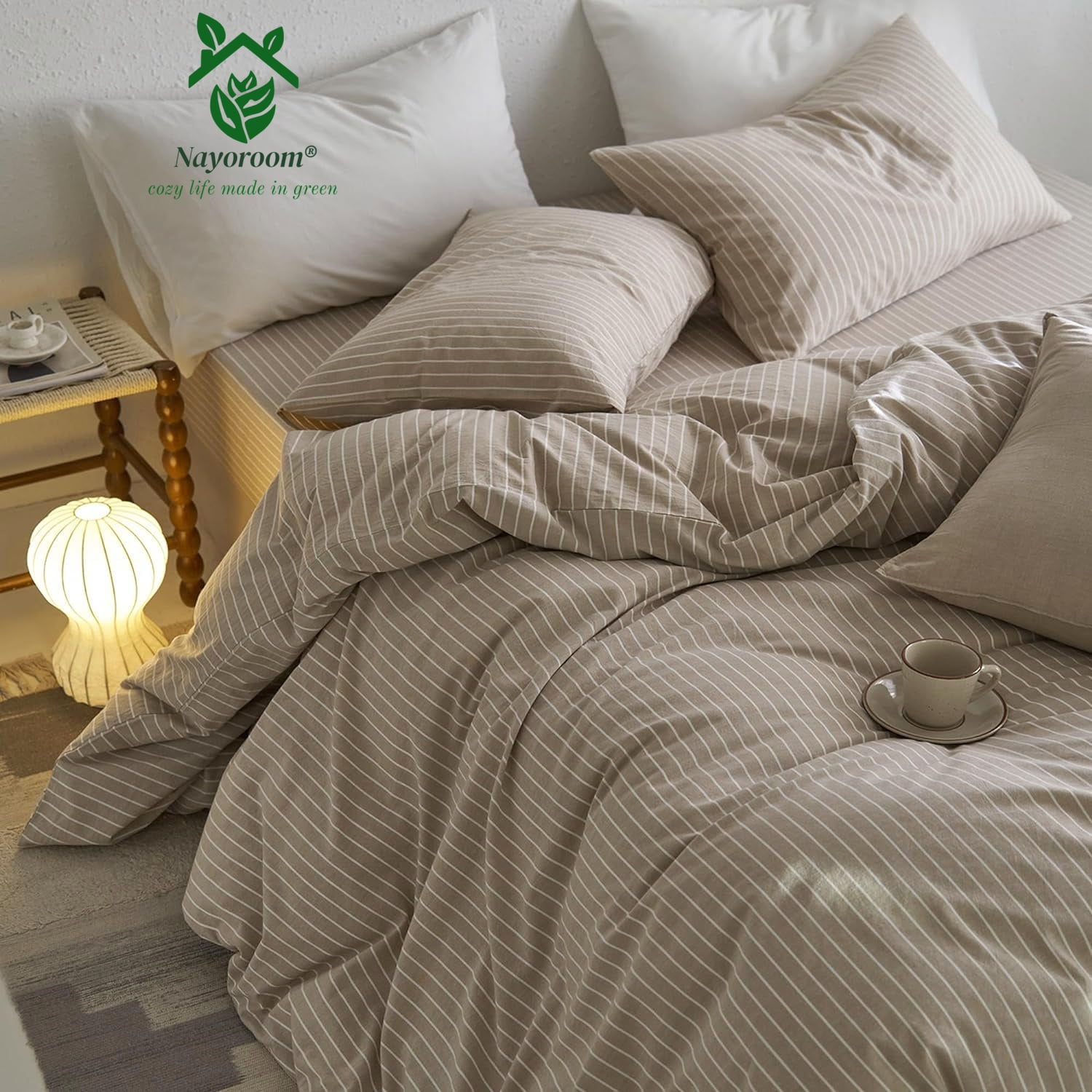 NAYOROOM 100% Cotton Duvet Cover Queen Set, 3-Piece Breathable Comforter Cover（Light Brown & White Striped）
