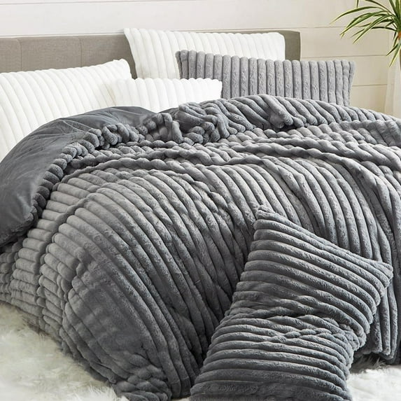 NAYOROOM 3-Piece Dark Gray Fluffy Striped Duvet Cover King Set,Super Soft Faux Rabbit Fur Winter Warm Fuzzy Comforter Cover