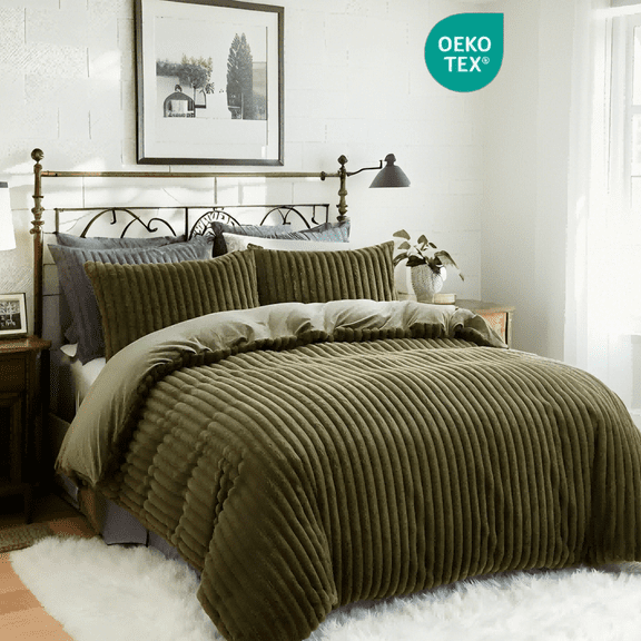 NAYOROOM 3-Piece Olive Green Fluffy Striped Duvet Cover Queen Set, Super Soft Faux Rabbit Fur Winter Warm Fuzzy Comforter Cover