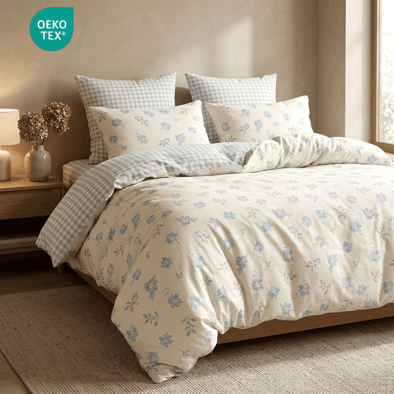 NAYOROOM 3 Pieces Blue White Floral Reversible Gingham Pattern Duvet Cover Queen Set, Soft Floral Bedding Set for Adults