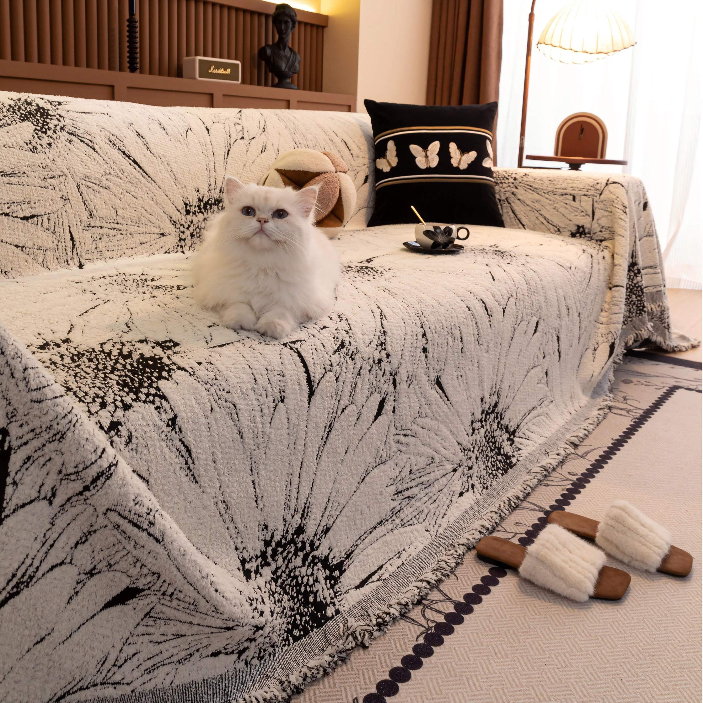 NAYOROOM Artistic Black White Sunflower Couch Cover, Chenille Sofa Cover Slipcover Sofa Towel Furniture Cover（71"x 134"）