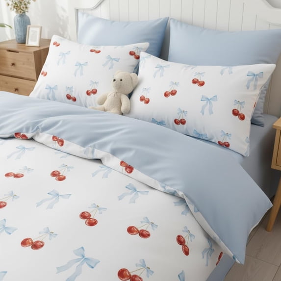 NAYOROOM Blue Bows Red Cherry Duvet Cover King Set, 3 Piece Reversible Super Girls Soft Kids Comforter Cover