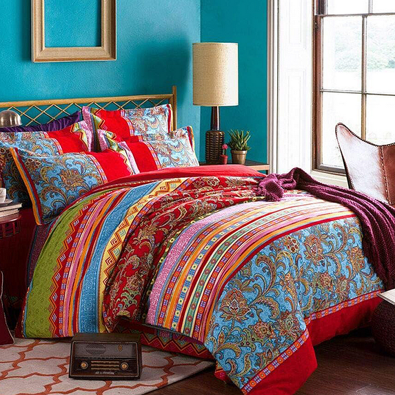 NAYOROOM Bohemian Boho Duvet Cover Set Twin Size,2 Pieces Retro Bohemian Mandala Striped Comforter Cover Sets, Colorful Red Blue