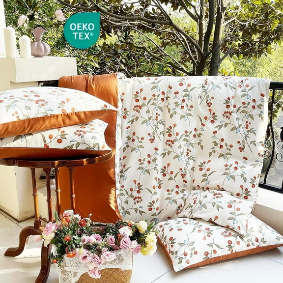 NAYOROOM Duvet Cover Set Queen, 3 Piece Orange Floral Breathable Reversible Soft Duvet Cover Set for All Seasons, CARAMEL