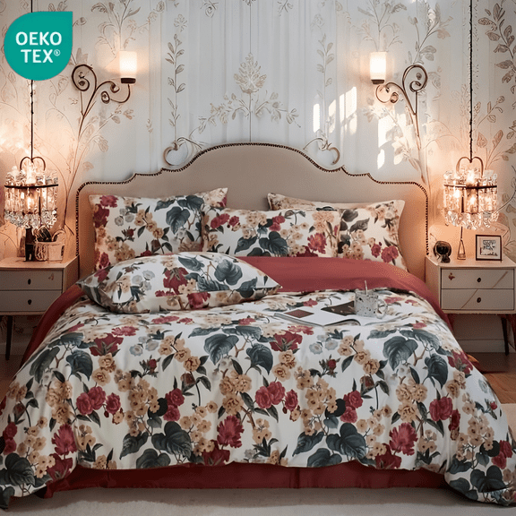 NAYOROOM Duvet Cover Set Queen, 3 Piece Romantic Red Floral Breathable Reversible Soft Duvet Cover Set for Adults