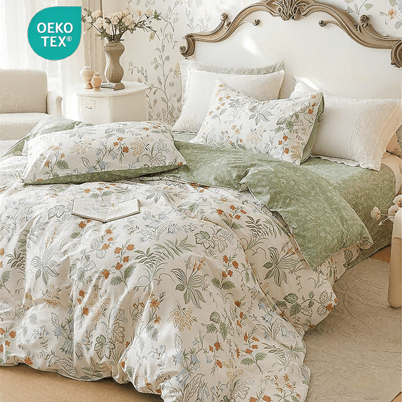 NAYOROOM Green Leaves Duvet Cover King, 3 Pieces Chic Garden Style Botanical Floral Reversible Bedding Sets for Adults