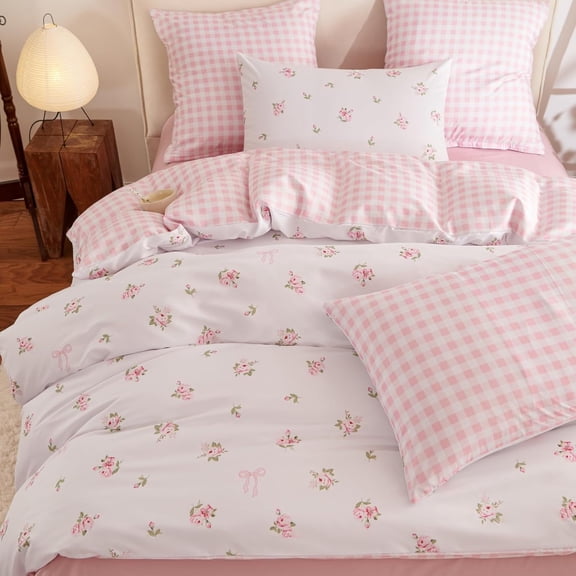 NAYOROOM Pink Floral Grid Pattern Duvet Cover Queen Set, 3 Piece Reversible Super Soft Breathable Comforter Cover