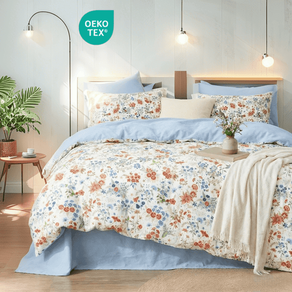 NAYOROOM Tropical Light Blue Red Floral Duvet Cover Queen Set, 3 Piece Reversible Super Soft Comforter Cover