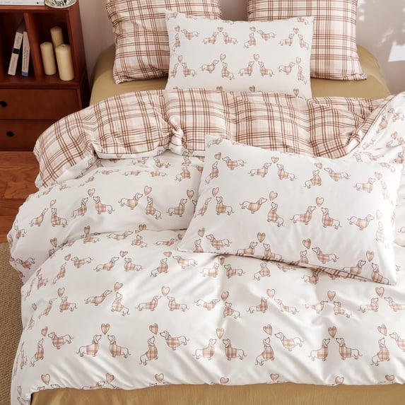 NAYOROOM White Khaki Puppy Brown Grid Duvet Cover King Set, 3 Piece Reversible Super Soft Breathable Kids Comforter Cover