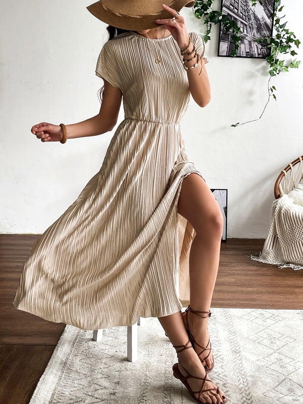 vertical pleated dress SilkSilky 19Momme Silk Women's Tie-Neck Short Shirt Dress with Vertical Pleated, Tan / S(6)