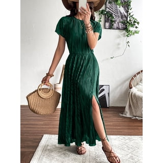 NAYTOAO Women's Pleated Lined Maxi Dress Flutter Sleeve Front Slit Cocktail Wedding Guest Dress