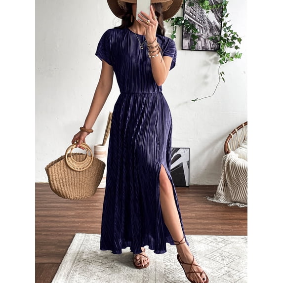 NAYTOAO Women's Pleated Lined Maxi Dress Flutter Sleeve Front Slit Cocktail Wedding Guest Dress