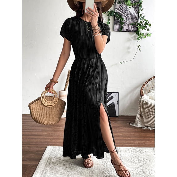 NAYTOAO Women's Pleated Lined Maxi Dress Flutter Sleeve Front Slit Cocktail Wedding Guest Dress
