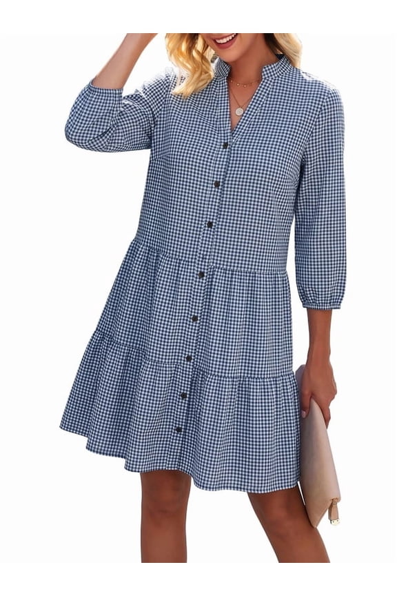 Check Gingham Women Mini Shirt Dress, Stand Collar V-Neck 3/4 Puff Sleeve Tiered Ruffle Hem Casual Dress with Pockets,Stretch Wrinkle Resistant Casual Summer Dress for Travel Beach