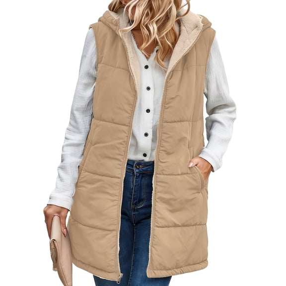 NAYTOAO Women Long Puffer Vest: Fall Zip up Reversible Fleece Jacket Winter Warm Sleeveless Hooded Coat with Pockets