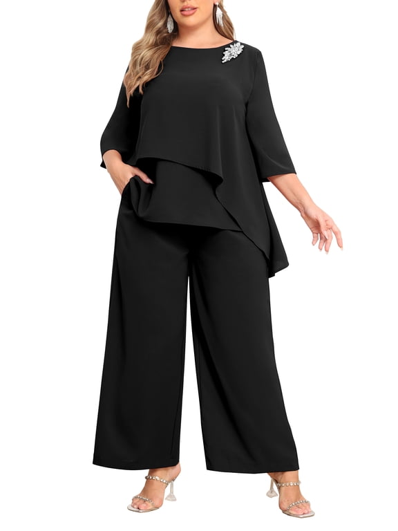 Plus Size 2 Piece Formal Pant Set, Layered Ruffle 3/4 Sleeve Top with Removable Rhinestone Brooch & Elastic Waist Wide Leg Pants, Elegant Wedding Guest Outfit for Women