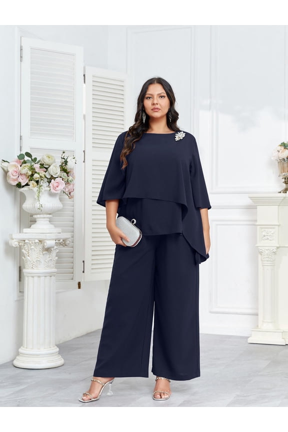 Plus Size 2-Piece Chiffon Outfit, 3/4 Sleeve Blouse & Wide Leg Pants Set with Pockets